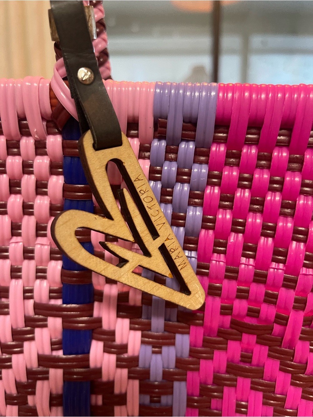 Handwoven Multicolor Tote Bag with Pink Handles - Picture 2 of 6